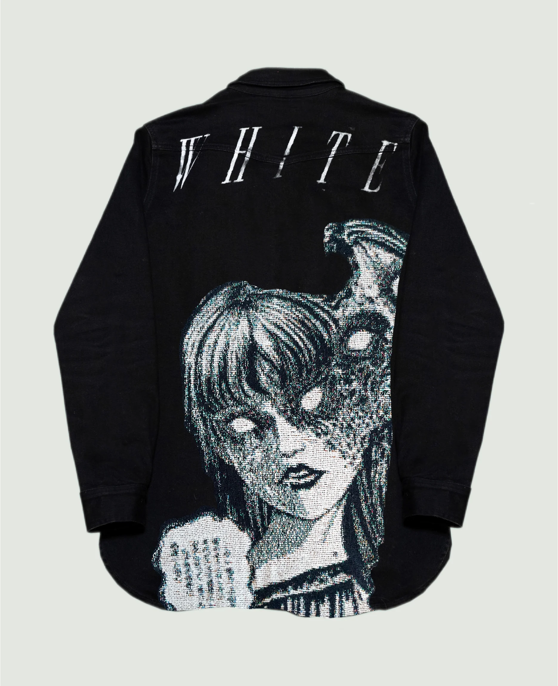 VA-S21-173 TAPESTRY OFF WHITE LONGLINE BLACK DENIM JACKET